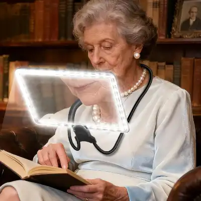 older woman using a litghted magnifier to read